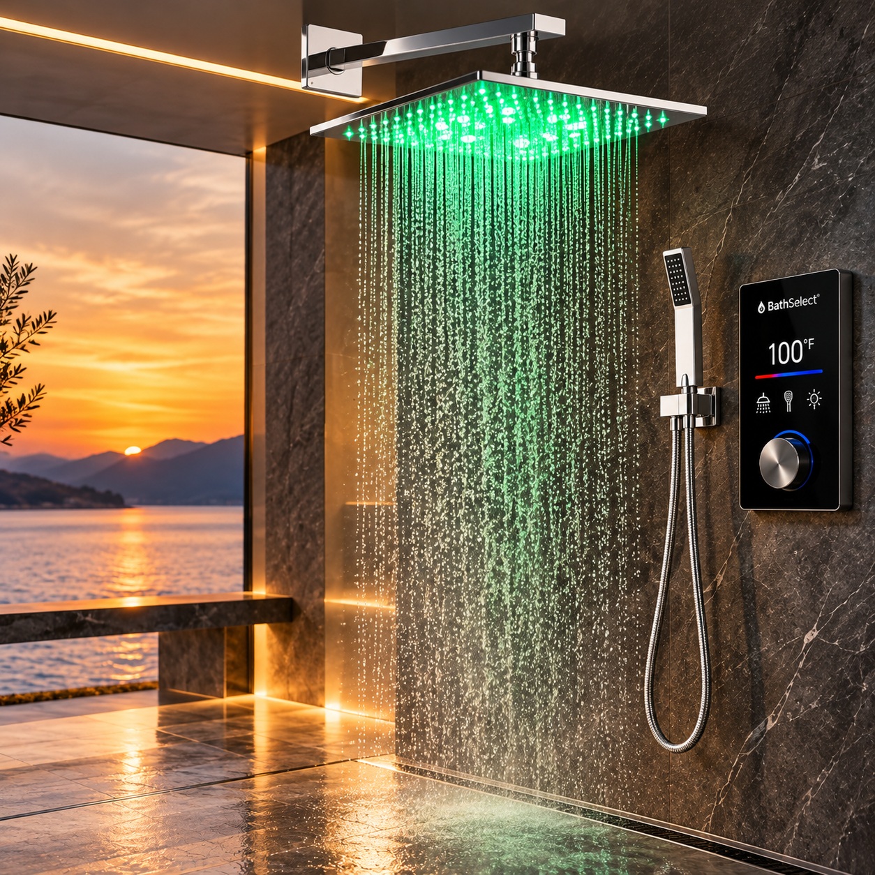 BathSelect Luna thermostatic digital multi-color LED rainfall shower system with handheld shower and temperature controller